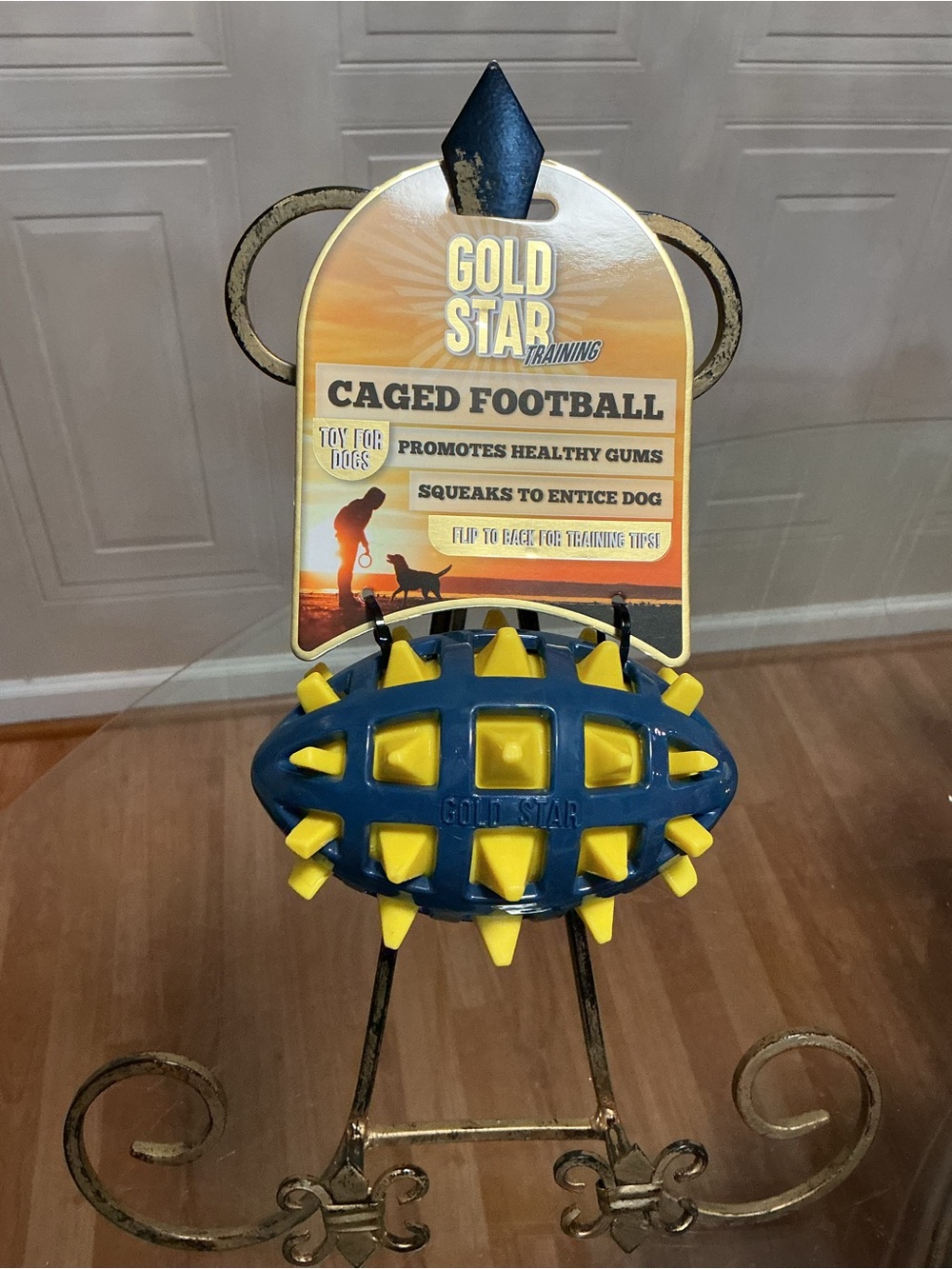 Gold Starn Caged Football Squeak Dog Toy Blue & Yellow NEW!!!